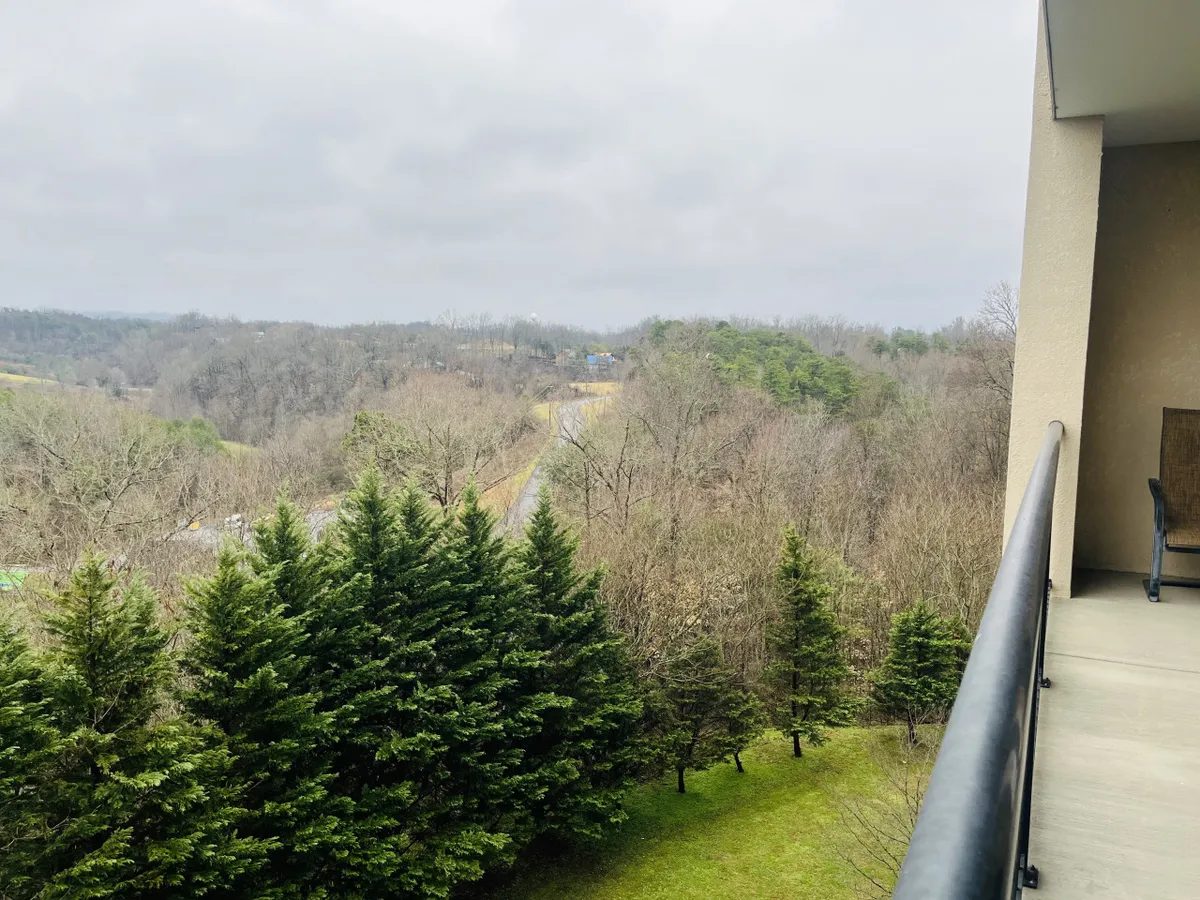 The image captures a sweeping view from the oversized balcony, showcasing lush green trees below, a scenic road winding through the landscape, and rolling hills fading into the distance. The peaceful scene evokes relaxation and invites guests to enjoy nature, watch sunrises or sunsets, and perhaps spot wildlife from the comfort of their private outdoor space.